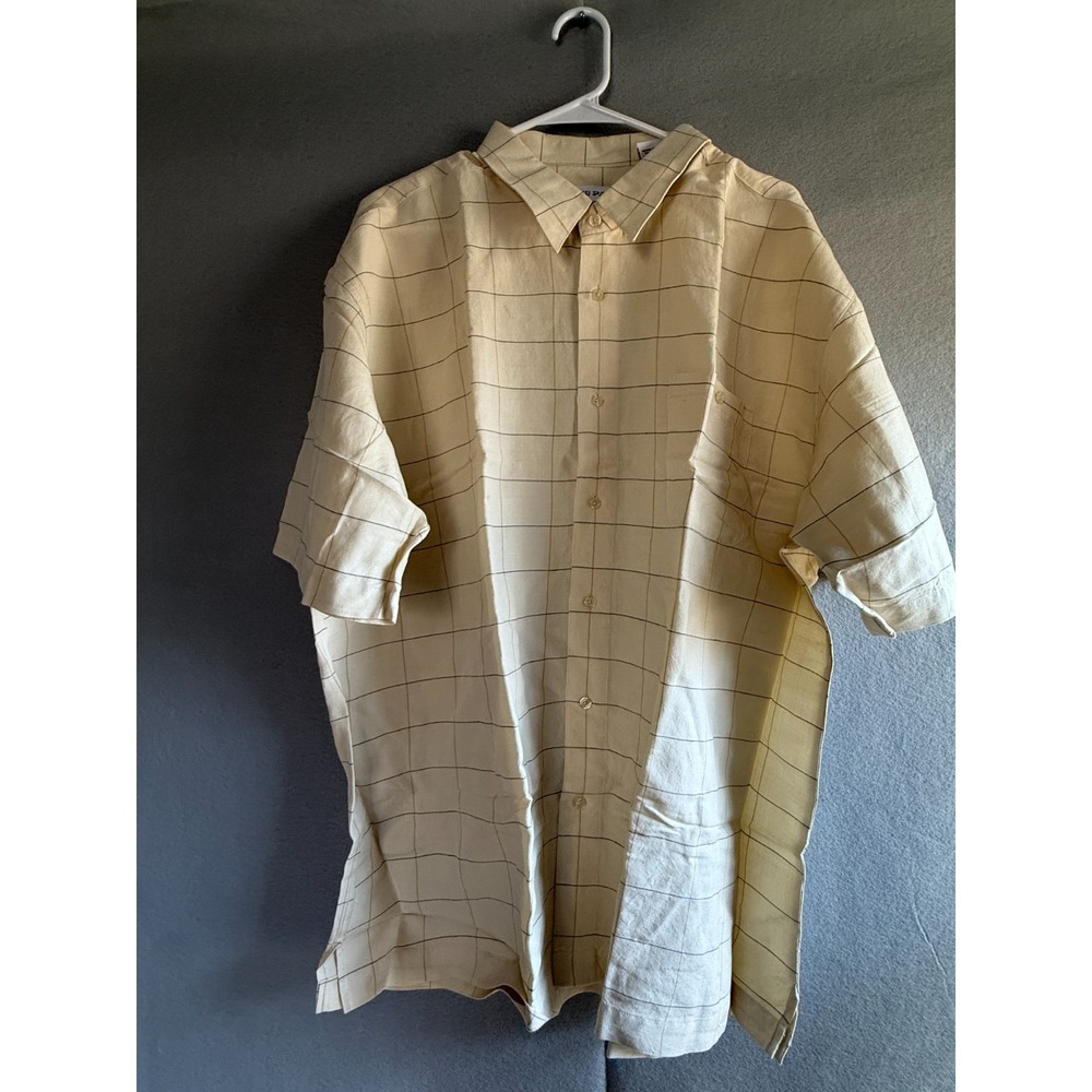 Irvine Park Button Shirt Men's 2XL Beige Plaid Short Sleeve Linen Blend Casual